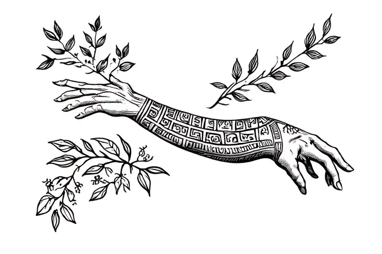 Ancient Theme With Lots Of Small Tattoo Greek Status Strong Symbol And Plants For The Whole Arm