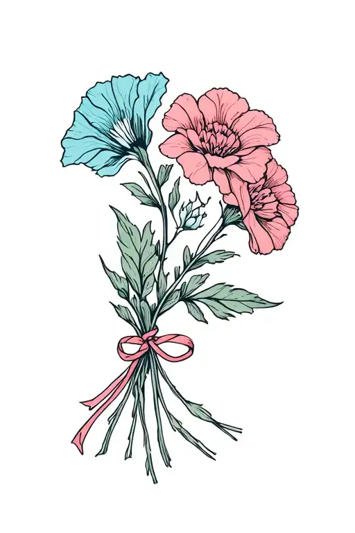 Bouquet Tied Together With A Ribbon Carnation Hawthorne And Morning Glory Flowers No Leaves