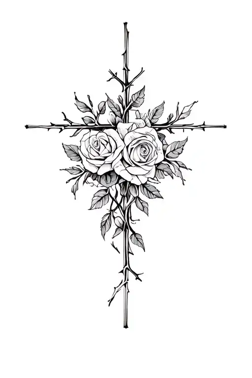 Large Cross Surrounded By Roses Flowers And Thorns