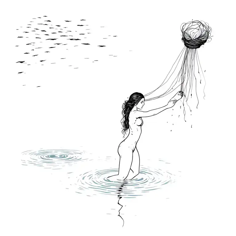 A Woman Threading Water Holding Onto A Load Of Strings Going Off In All Directions Some Are Broken