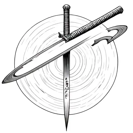 Japanese Katana With Saturn Reflected Inside Its Sharp Surface