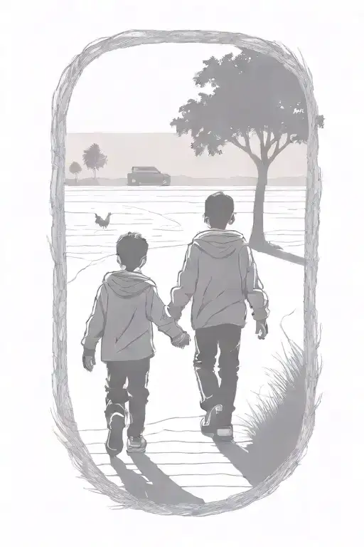 Siloutte Of An Older Brother And Younger Brother Walking Away Hand In Hand