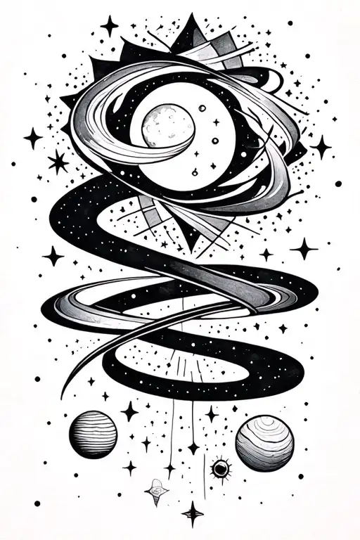 Cosmic Ribbon With Moon Sun Stars And Planets Orbiting