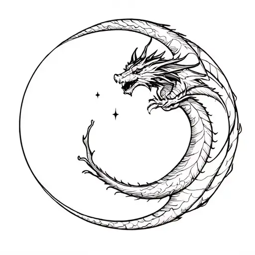 Dragon Flying Vertically Towards A Crescent Moon