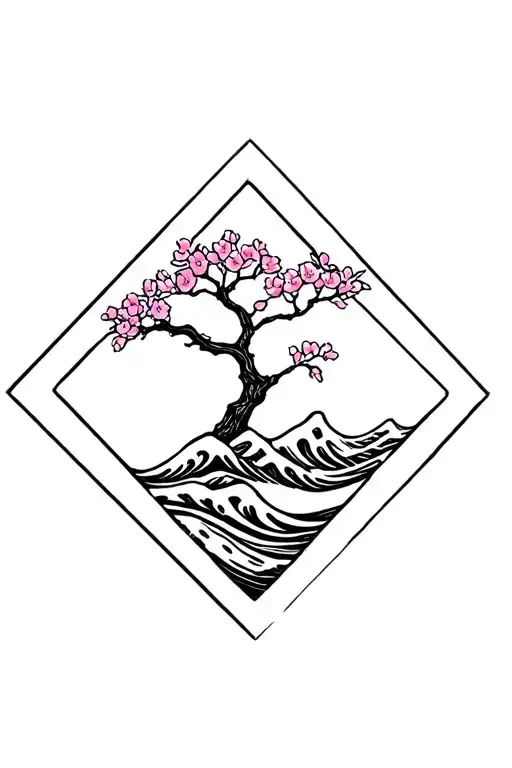 Cherry Blossoms Tree Inside Of A Diamond Shape With A Wave On The Outside