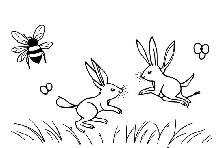 Two Rabbits Jumping In A Meadow And A Bee