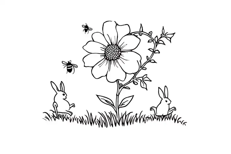 Ivy And A Flower With A Bee And Two Rabbits Jumping Through The Meadow