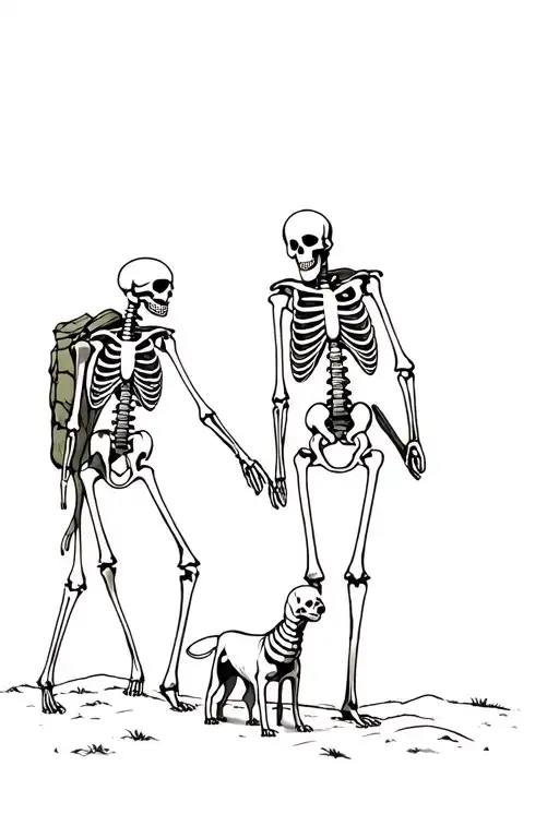 2 Hiking Skeletons With Dog