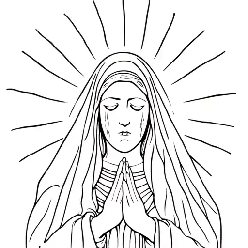 Virgin Mary In Veil Praying And Crying With Sun Rays Around Head