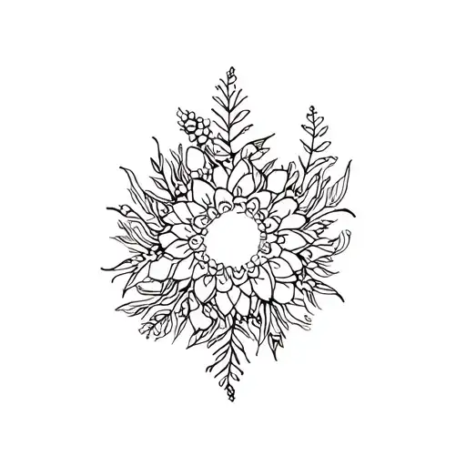 Black And White Fine Line Minimalistic Mandala With Vegetation And Flowers