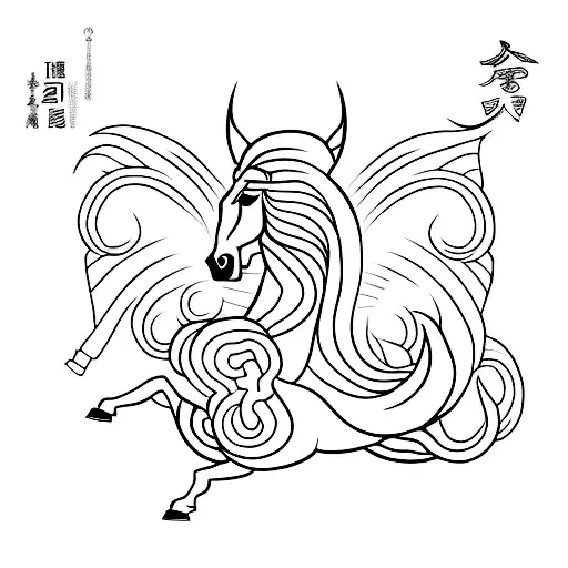 A Minimalist Tattoo Of A Horse With Chinese Characters For 'Freedom' Incorporated Into The Design