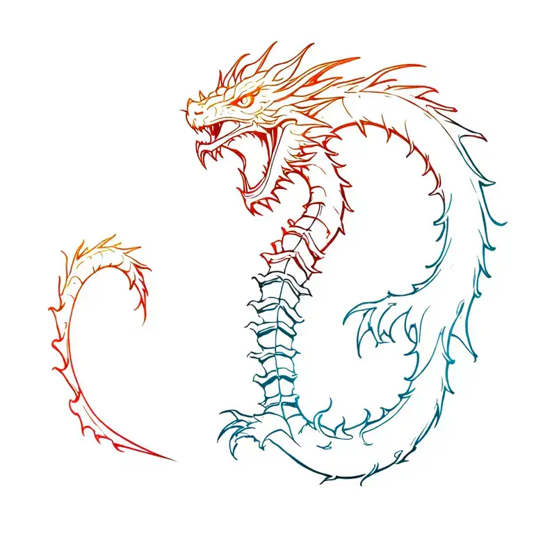 Spine Tatoo With Dragon Facing Me With Angry Face With Highlight Colour