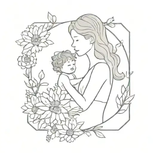 Mother Holding A Paintbrush Surrounded By Blooming Chrysanthemums And Larkspur Flowers