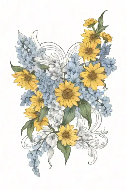 Angel Wings Surrounded By Chrysanthemum And Larkspur Flowers