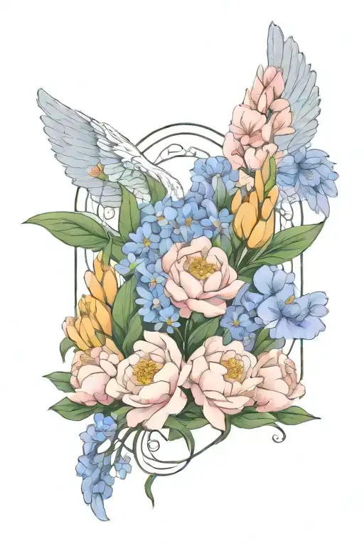 Angel Wings Surrounded By Larkspur And Peony Flowers