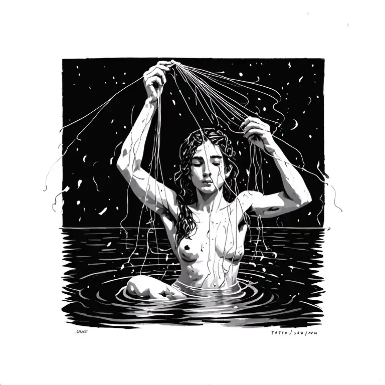 Person Threading Water Holding Onto A Load Of Strings Floating On The Water Some Frayed Some Broken