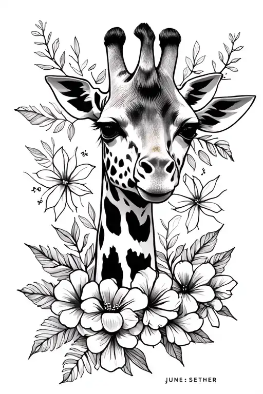 Half Giraffe Face And Neck With June And September Birth Flowers