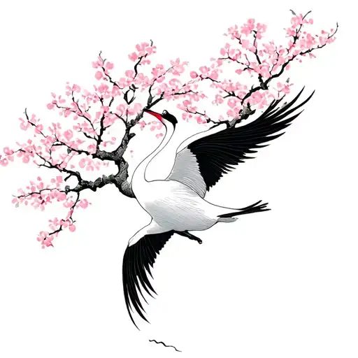 Japanese Crane Dance In Air Surrounded By Cherry Blossom Tree