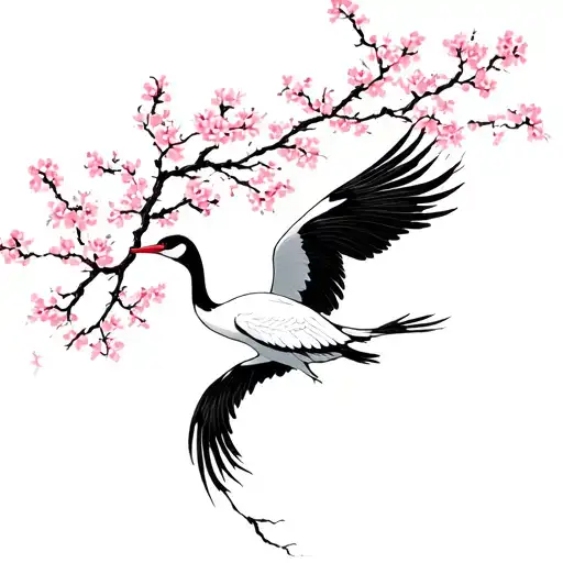 Japanese Crane Dance In Air Surrounded By Cherry Blossom Branches