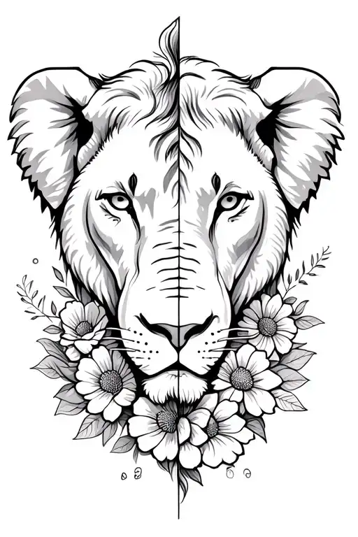 Half And Elephants Face Half A Lions Face Surrounded By Flowers