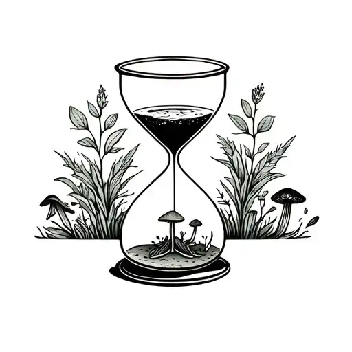 Hour Glass Surrounded By Wilting Plants And Mushrooms
