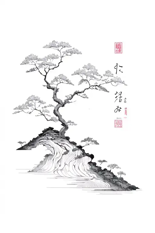 Fine Line Tattoo Design Incorporating Elements Of Nature And Japan