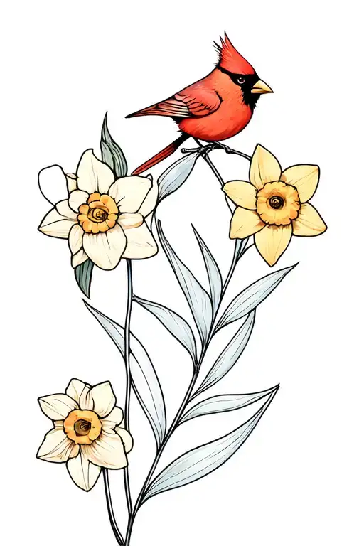 Cardinal And Daffodil Flowers