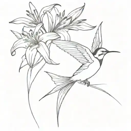 Swallow Bird Flying With Tiger Lilies Blooming Along Single Line
