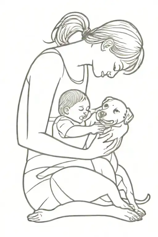 Mom Holding Baby Boy With A Dog