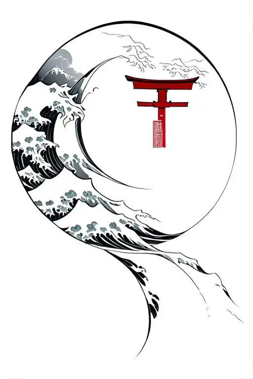 Wave Of Kanagawa Curling Left Around A Torii Gate In Black And Gray