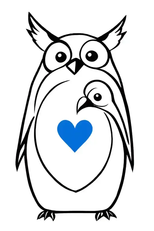 Design Of The Combination Of A Penguin And An Owl In Front With A Full Blue Heart In Half