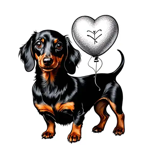 Longhair Dachshund Climing A Cross Holding A Heartballon