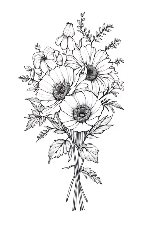 Bouquet Tattoo With Poppy Lilly Of Valley Rose And Chrysanthemum