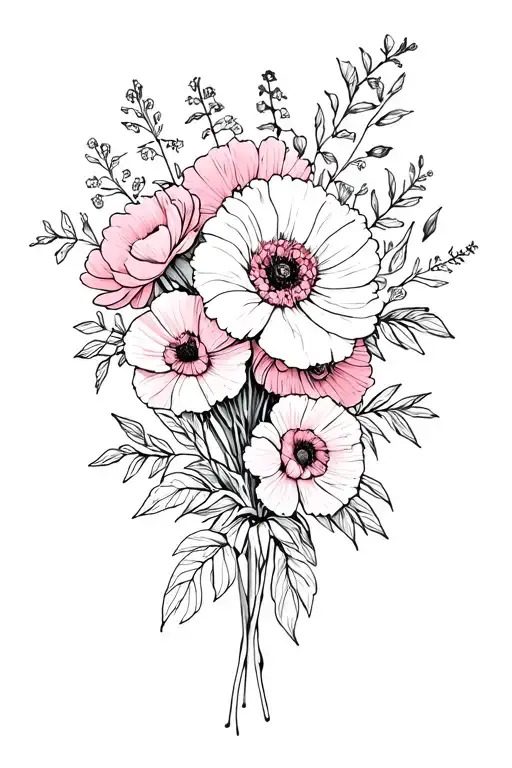 Bouquet With Chrysanthemum And Poppies And Lilly Of The Valleys And Roses