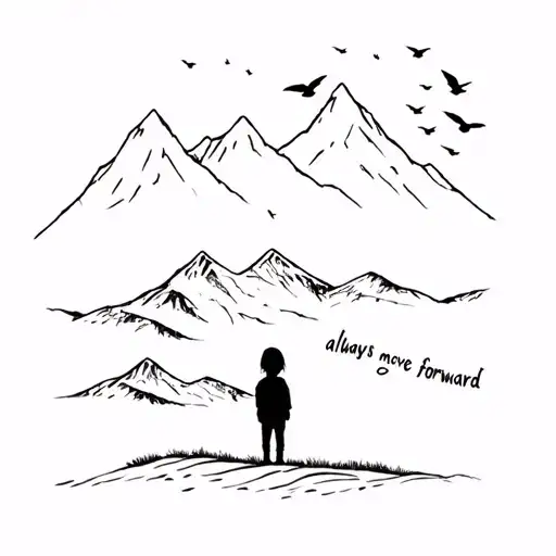 Child In Front Of A Mountain With Birds And A Phrase That Says Always Move Forward