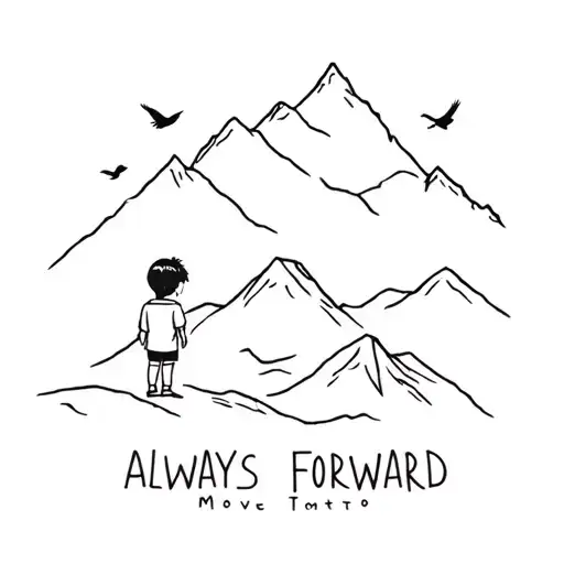 Child In Front Of A Mountain With Birds And A Phrase That Says Always Move Forward