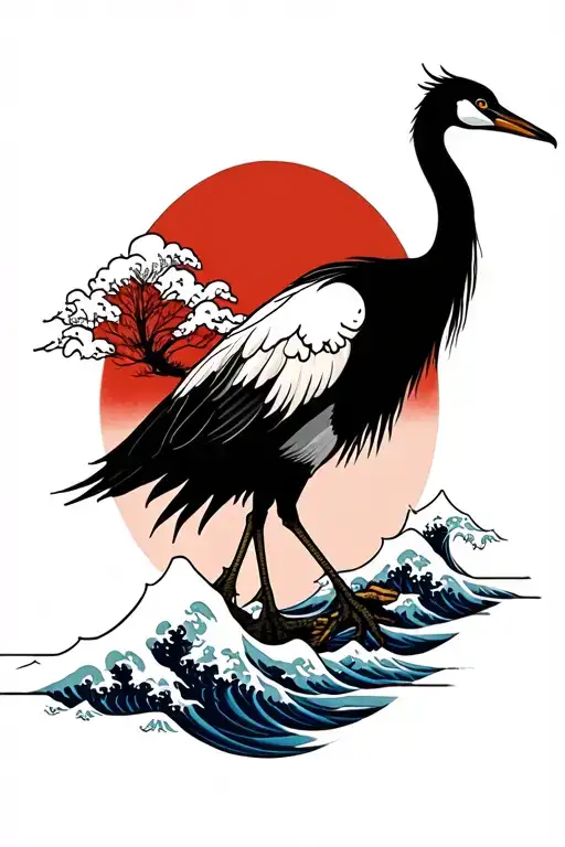 Crane Japanese With Kanagawa Wave