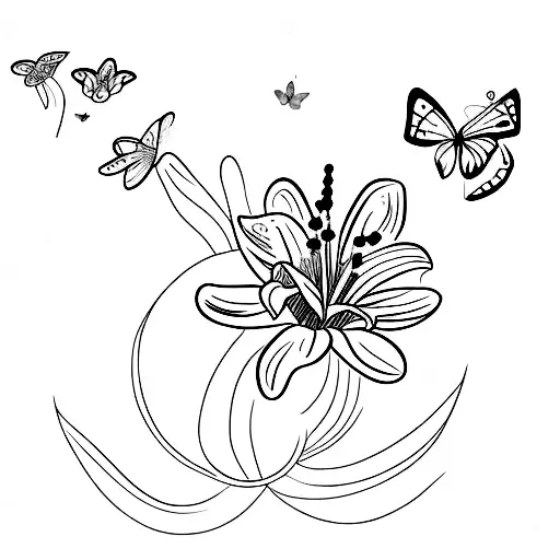 One Lily Flower With 3 Small Butterflies Around It