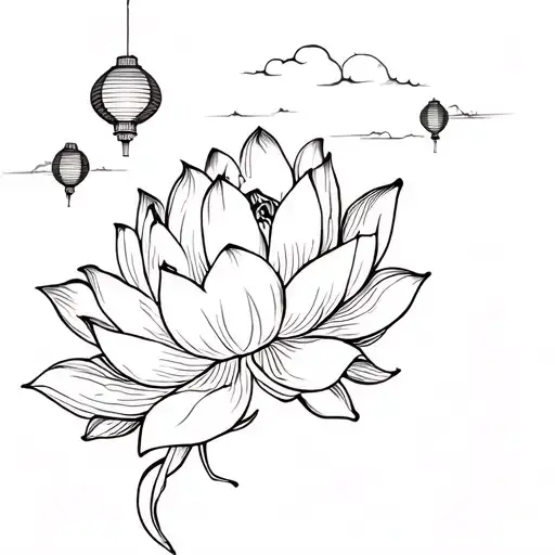 Lotus Flower And Tangled Lanterns Flying In The Sky
