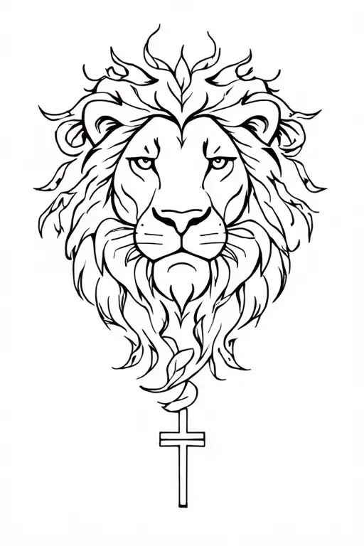 Simple Black And White Lions Face With Vines Surrounding It And A Cross Underneath