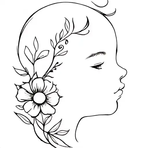Baby Face Profile With Writing And Flower