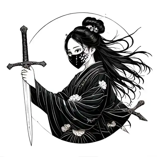 Pretty Japanese Girl Holding A Sword With Half Mask