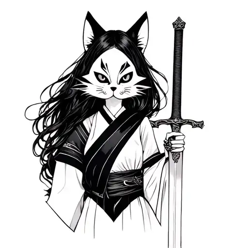 Half Undead Japanese Girl Holding A Sword With Half Kitsune Mask