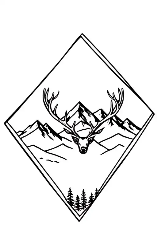 Diamond Shape Filled With Mountain Scene Featuring Elk Antlers On The Border