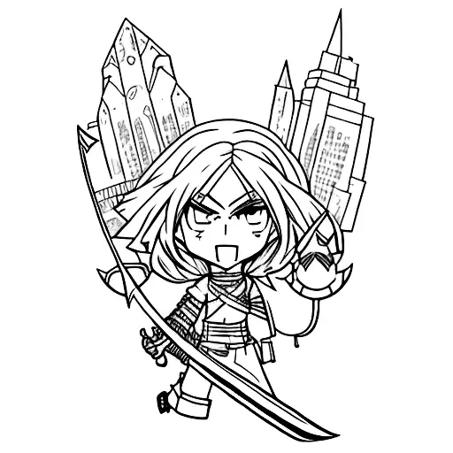 A Fierce Anime Character Wielding A Magical Sword In A Post-apocalyptic Cityscape
