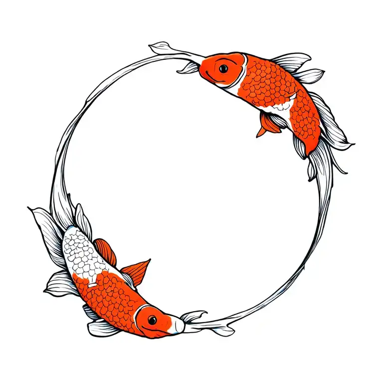 Two Koi Fish Swimming In Circles And Their Tails Make Hibiscus Petals