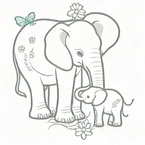 Mom And Baby Elephant Holding With Flowers And Butterflies
