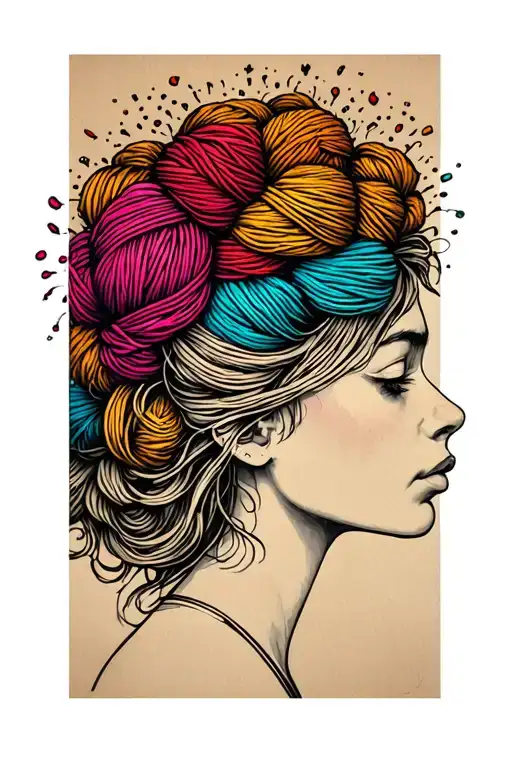 Female Face Side Profile With Yarn Exploding From Top Of Head Depicting Tangled Thoughts