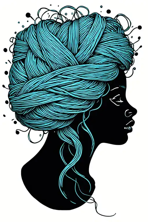 Female Face Side Profile With Yarn Exploding From Top Of Head Depicting Tangled Thoughts