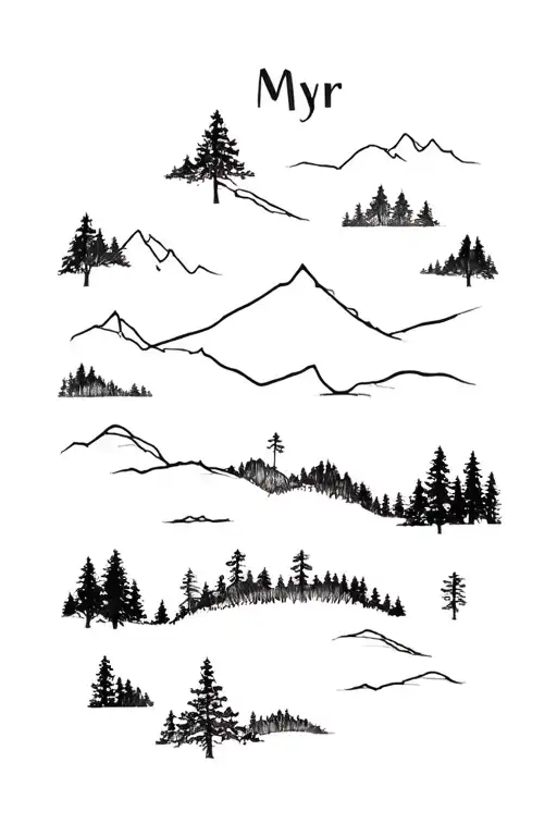 Myr Text And Forest Landscape Tattoo Featuring